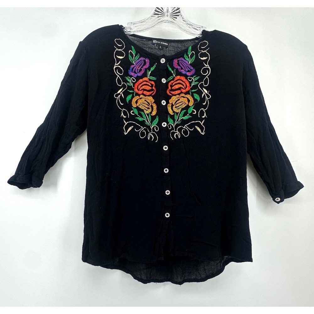 Zara Women Black Floral Embroidered Button Front 3/4 Sleeve Blouse Top Small